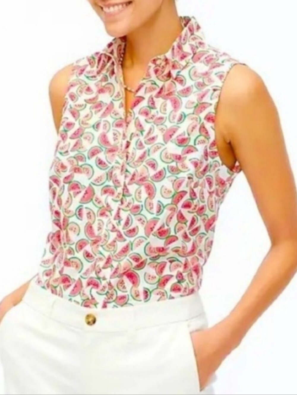 J. Crew Sleeveless Watermelon Print Button-Up Top - Pink/Green